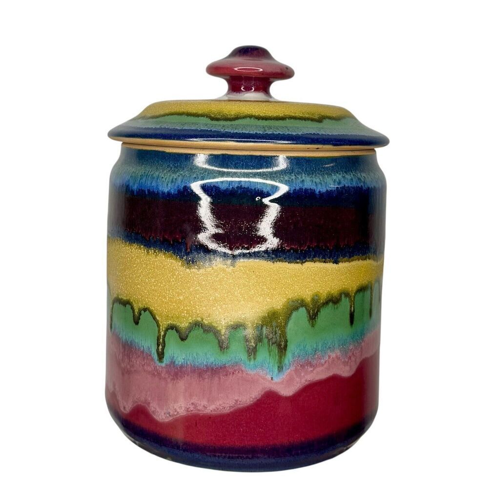 RARE Susan DeMay Studio Art Pottery Rainbow Multi Color Drip Glaze Canister 9”